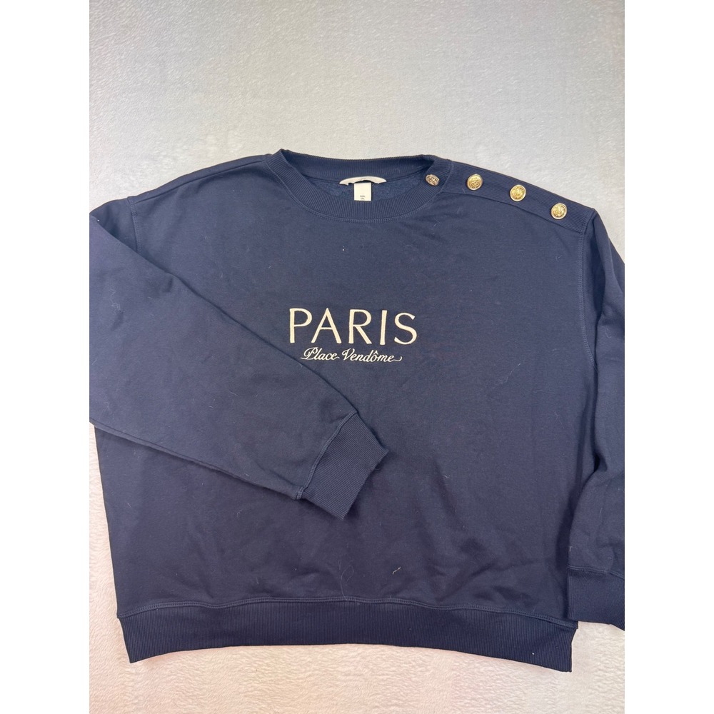 H&M Paris Place Vendome Navy Blue‎ Sweatshirt Gold Button Shoulder Womens Large